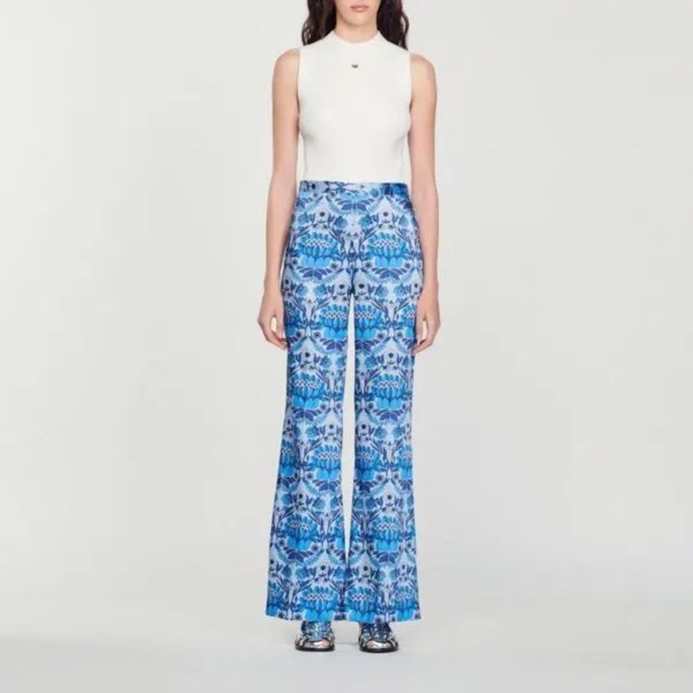Sandro Paris Blue Floral Damask Print‎ Wide Leg High Waist Trousers Size 38 US 6